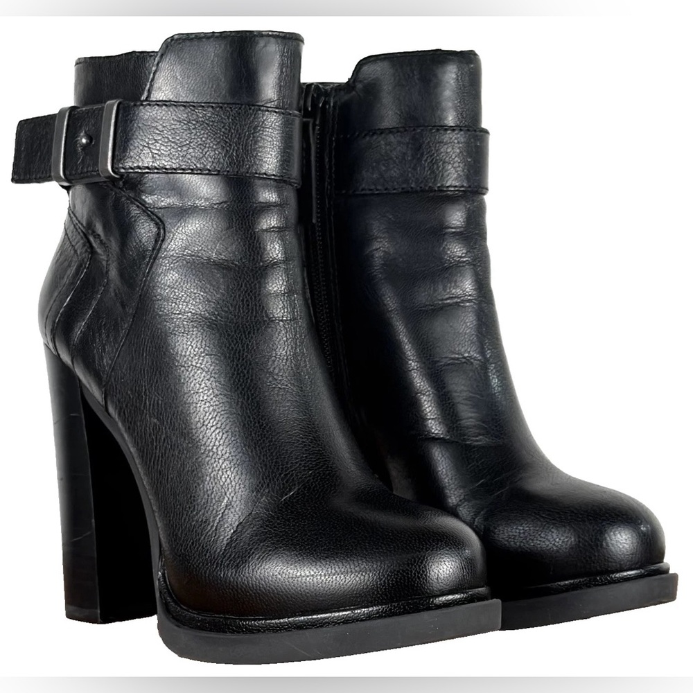 Nine West Sherbert Boots Women 5 Black Leather Moto Buckle Ankle Heeled Bootie